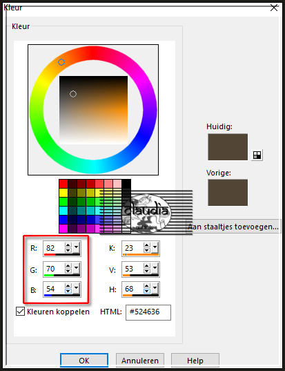 Klik in de Voorgrondkleur in het Kleurenpallet en noteer de cijfers die bij R-G-B staan